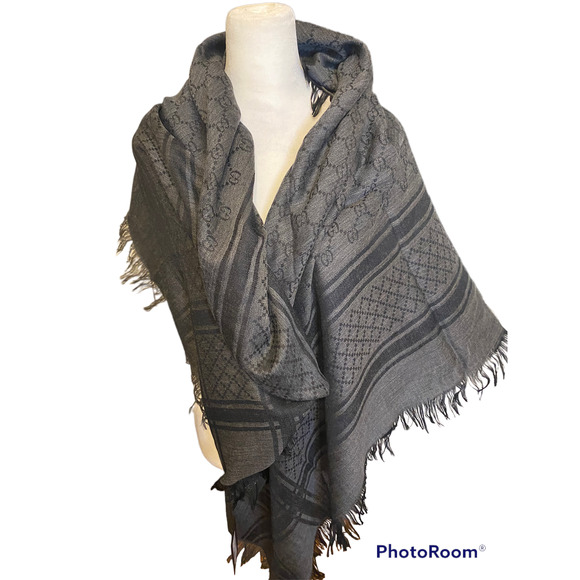 Gucci Other - NWT GUCCI Gray wool silk GG Survie Monogram logo GG Scarf Shawl unisex